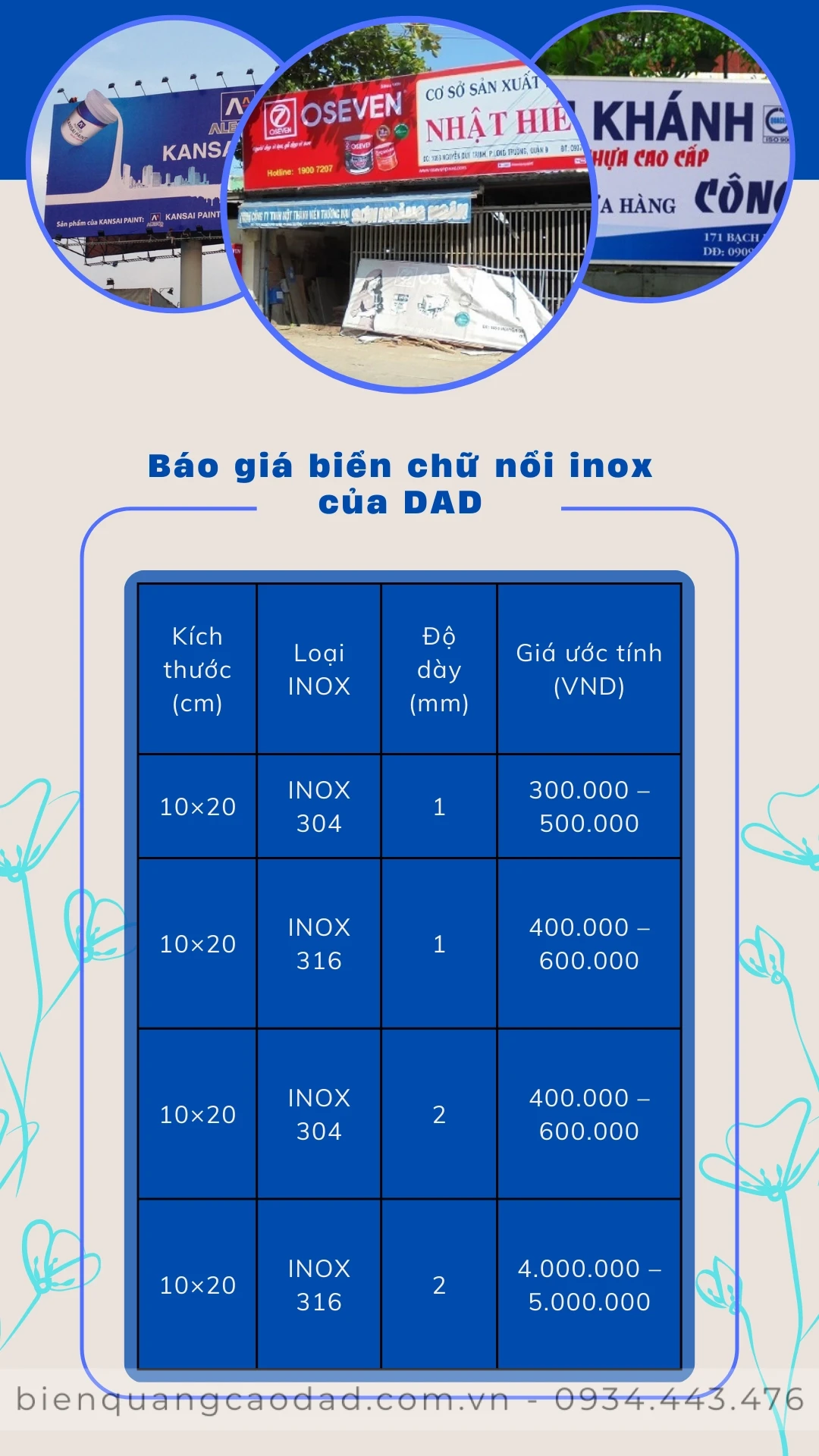 Báo giá thi công biển quảng cáo chữ nổi inox